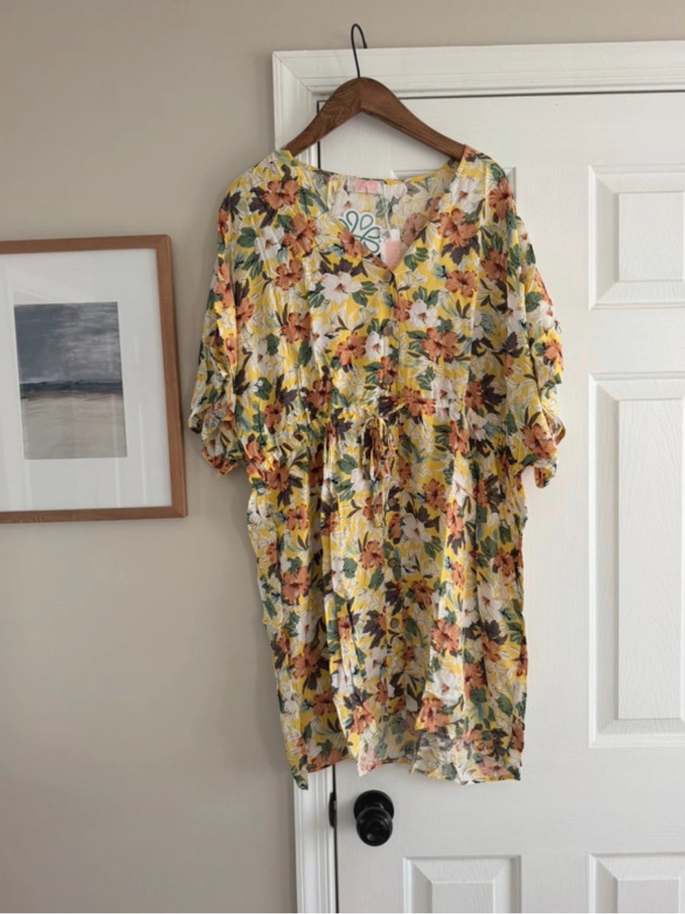 Hope’s Yellow Tropical Floral Print Mini Caftan Style Dress Large